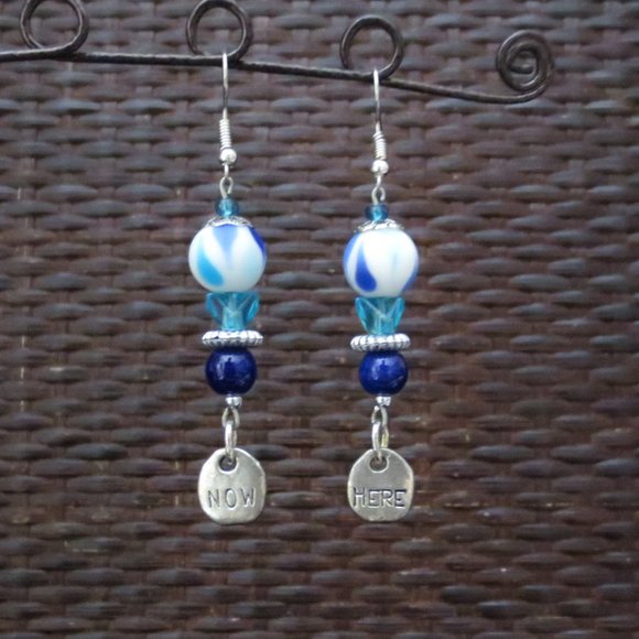New Hand Crafted Blue & Silver "Now Here" Earrings - Picture 1 of 6